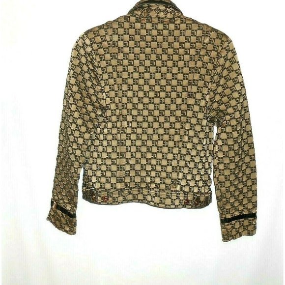 Vintage ST. JOHN SPORT By Marie Gray Leather Trim Jacket Bronze Black Monogram - Picture 9 of 12